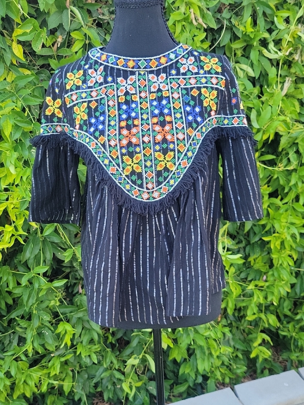 Zara Black Embroidered Boho Yoke Top with Multicolor Floral Accents